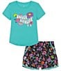 Color:Radial Turquoise - Image 1 - Baby Girls 12-24 Months Short Sleeve Printed Flower T-Shirt and Shorts Set