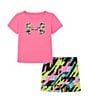 Color:Fluo Pink - Image 1 - Baby Girls 12-24 Months Short Sleeve Printed Neon T-Shirt & Mesh Shorts Set