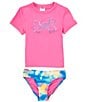 Color:Rebel Pink/Photon Blue Tropical Flare - Image 1 - Big Girls 7-16 Short Sleeve Icon Logo Rashguard T-Shirt & Printed Hipster Bottom Two-Piece Swimsuit