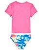 Color:Rebel Pink/Photon Blue Tropical Flare - Image 2 - Big Girls 7-16 Short Sleeve Icon Logo Rashguard T-Shirt & Printed Hipster Bottom Two-Piece Swimsuit