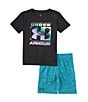Color:Black - Image 1 - Little Boys 2T-7 Short Sleeve Logo Card T-Shirt & Shorts Set
