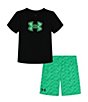Color:Black - Image 1 - Little Boys 2T-7 Short Sleeve Logo T-Shirt & Printed Shorts Set