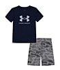 Color:Midnight Navy - Image 1 - Little Boys 2T-7 Short Sleeve Logo T-Shirt & Printed Shorts Set