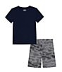 Color:Midnight Navy - Image 2 - Little Boys 2T-7 Short Sleeve Logo T-Shirt & Printed Shorts Set