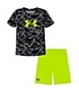 Color:Black - Image 1 - Little Boys 2T-7 Short Sleeve Printed Camo T-Shirt & Short Set