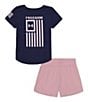 Color:Midnight Navy - Image 1 - Little Girls 2T-6X Short Sleeve UA Freedom Flag T-Shirt & Shorts Set