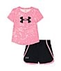 Color:Pink Dense Specks/Black/Pink Dense Specks - Image 1 - Little Girls 2T-6X Short Sleeve Dense Specks Printed T-Shirt & Solid Short Set