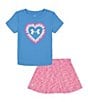 Color:Viral Blue/Pink Twist/White/Rebel Pink - Image 1 - Little Girls 2T-6X Short Sleeve Heart T-Shirt & Color-Twist Skort Set