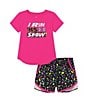 Color:Rebel Pink/Black Cut Out Camouflage - Image 1 - Little Girls 2T-6X Short Sleeve I Run This Show Tee & Printed Shorts Set