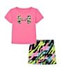 Color:Fluo Pink/Black Geometrix Strokes/White - Image 1 - Little Girls 2T-6X Short Sleeve Icon Logo T-Shirt & Printed Shorts Set
