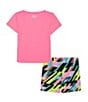 Color:Fluo Pink/Black Geometrix Strokes/White - Image 2 - Little Girls 2T-6X Short Sleeve Icon Logo T-Shirt & Printed Shorts Set