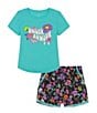 Color:Radial Turquoise/Black Ditsy Daisy/White - Image 1 - Little Girls 2T-6X Short Sleeve Logo Graphic T-Shirt & Ditsy-Floral-Printed Shorts Set