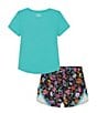 Color:Radial Turquoise/Black Ditsy Daisy/White - Image 2 - Little Girls 2T-6X Short Sleeve Logo Graphic T-Shirt & Ditsy-Floral-Printed Shorts Set