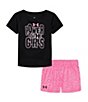 Color:Black/Fluo Pink Checkerspot/Black - Image 1 - Little Girls 2T-6X Short Sleeve Power To The Girls T-Shirt & Printed Shorts Set