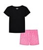 Color:Black/Fluo Pink Checkerspot/Black - Image 2 - Little Girls 2T-6X Short Sleeve Power To The Girls T-Shirt & Printed Shorts Set