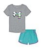 Color:Mod Gray Heather/Radial Turquoise/White/Purple Ace - Image 1 - Little Girls 2T-6X Short Sleeve Repeating Icon Logo T-Shirt & Solid Shorts Set