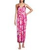 Color:Hot Pink Floral - Image 1 - Floral Print Woven Satin Sleeveless V-Neck Maxi Chemise