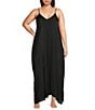 VAN WINKLE & CO. Plus Size Solid Washed Satin Sleeveless V-Neck Maxi Chemise, Color:Black - Image 1