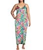 Color:Tropical Floral - Image 1 - Plus Size Tropical Floral Print Woven Satin V-Neck Sleeveless Maxi Chemise