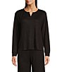 Color:Black - Image 1 - Solid Ribbed Knit Long Sleeve Split Round Neck Coordinating Sleep Top
