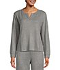 Color:Grey Heather - Image 1 - Solid Ribbed Knit Long Sleeve Split Round Neck Coordinating Sleep Top