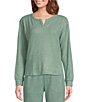 Color:Heather Green - Image 1 - Solid Ribbed Knit Split Round Neck Long Sleeve Coordinating Sleep Shirt