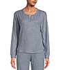 Color:Heather Blue - Image 1 - Solid Ribbed Knit Split Round Neck Long Sleeve Coordinating Sleep Shirt