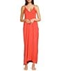 VAN WINKLE & CO. Solid Satin Side Slit V-Neck Sleeveless Maxi Chemise, Color:Hot Coral - Image 1