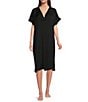 Color:Black - Image 1 - Solid V-Neck Short Dolman Sleeve Satin Midi Nightgown