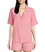 Color:Hot Pink - Image 1 - Solid Woven Notch Collar Gauze Coordinating Sleep Top