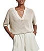 Varley Callie Knit Boxy Split V-Neck Short Sleeve Top, Color:Egret - Image 1