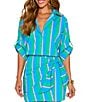 VICI Collection Coordinating Multi Stripe Point Collar Roll Sleeve Button Front Blouse - Image 1