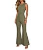 VICI Collection Crew Neck Sleeveless Front Seam Denim Flared Jumpsuit - Image 3