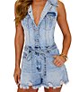 VICI Collection Denim Collared Sleeveless Tie Belt Frayed Hem Romper - Image 3