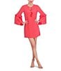 Color:Hot Coral - Image 1 - 3/4 Sleeve Tie Front Chiffon Float Wide Pleated Dress