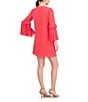 Color:Hot Coral - Image 2 - 3/4 Sleeve Tie Front Chiffon Float Wide Pleated Dress