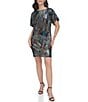 Color:Black Multi - Image 1 - Abstract Printed Disco Sequin Boat Neck Short Sleeve Sheath Dress
