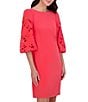 Vince Camuto Boat Neck 3/4 Laser-Cut Puff Sleeve Stretch Crepe Sheath Dress, Color:Hot Coral - Image 3