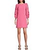 Color:Lipstick Pink - Image 1 - Boat Neck 3/4 Laser-Cut Puff Sleeve Stretch Crepe Sheath Dress