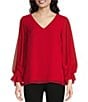 Color:Ultra Red - Image 1 - Chiffon Long Blouson Smocked Cuff Sleeve V-Neck Blouse