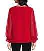 Color:Ultra Red - Image 2 - Chiffon Long Blouson Smocked Cuff Sleeve V-Neck Blouse
