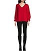 Color:Ultra Red - Image 3 - Chiffon Long Blouson Smocked Cuff Sleeve V-Neck Blouse