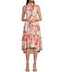 Color:Pink - Image 1 - Chiffon Lurex Floral Print Halter Neck Sleeveless Side Pocket High-Low Tiered A-Line Midi Dress