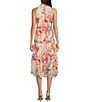Color:Pink - Image 2 - Chiffon Lurex Floral Print Halter Neck Sleeveless Side Pocket High-Low Tiered A-Line Midi Dress