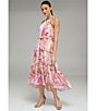 Color:Pink - Image 3 - Chiffon Lurex Floral Print Halter Neck Sleeveless Side Pocket High-Low Tiered A-Line Midi Dress