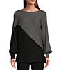 Color:Med Heather Grey - Image 1 - Color Block Long Cuffed Sleeve Crew Neck Sweater