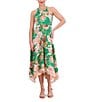 Color:Green Multi - Image 1 - Crepe de Chine Floral Print Halter Neck Sleeveless Handkerchief Hem A-Line Pocketed Midi Dress