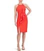 Color:Hot Coral - Image 1 - Crepe Halter Neck Sleeveless Ruffle Front Side Slit Sheath Dress