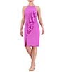 Color:Violet - Image 1 - Crepe Halter Neck Sleeveless Ruffle Front Side Slit Sheath Dress