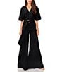 Color:Rich Black - Image 1 - Crinkle Twill V-Neck Short Sleeve Belted Wide Leg Jumpsuit